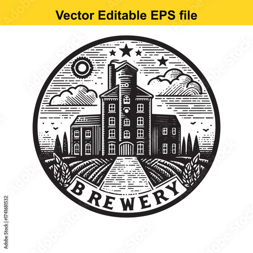 Vector art of circular emblem of a brewery building with fields and sky