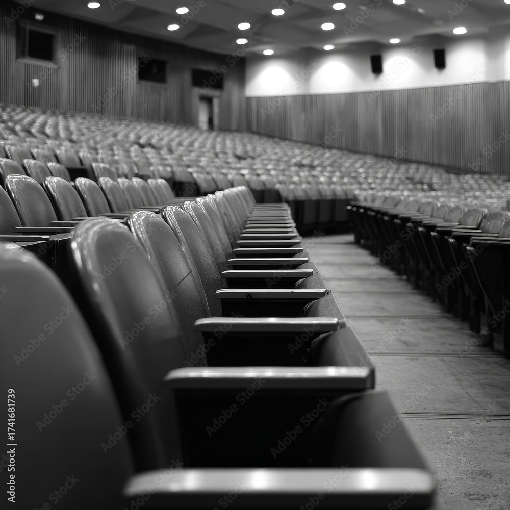 Fototapeta premium Empty rows of auditorium seats in black and white perspective view