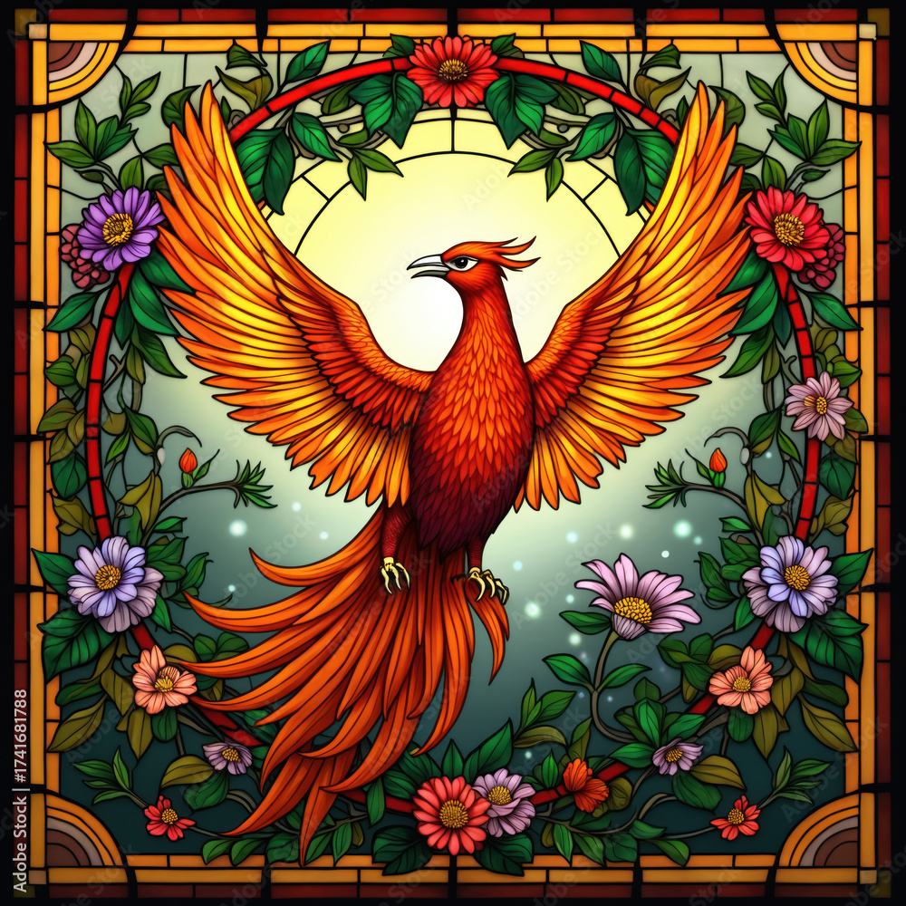 Fototapeta premium Vibrant stained glass artwork shows majestic phoenix rising. Colorful wings spread wide. Blooming flowers, green foliage form decorative frame around mythical bird. Bright light shines behind,