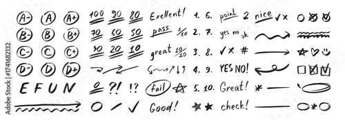 English test exam pen mark. School teacher test. A B C D Doodle outline hand drawn style