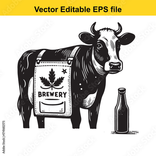 Vector art of cow wearing a brewery apron with a beer bottle
