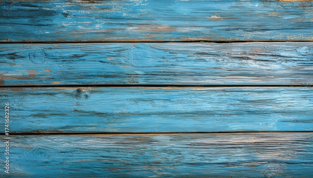 Obraz premium Vintage Blue Wood Plank Table With Painted Bamboo Top And Antique Grunge Wallpaper For Furniture In A Hardwood Woodworking Pattern