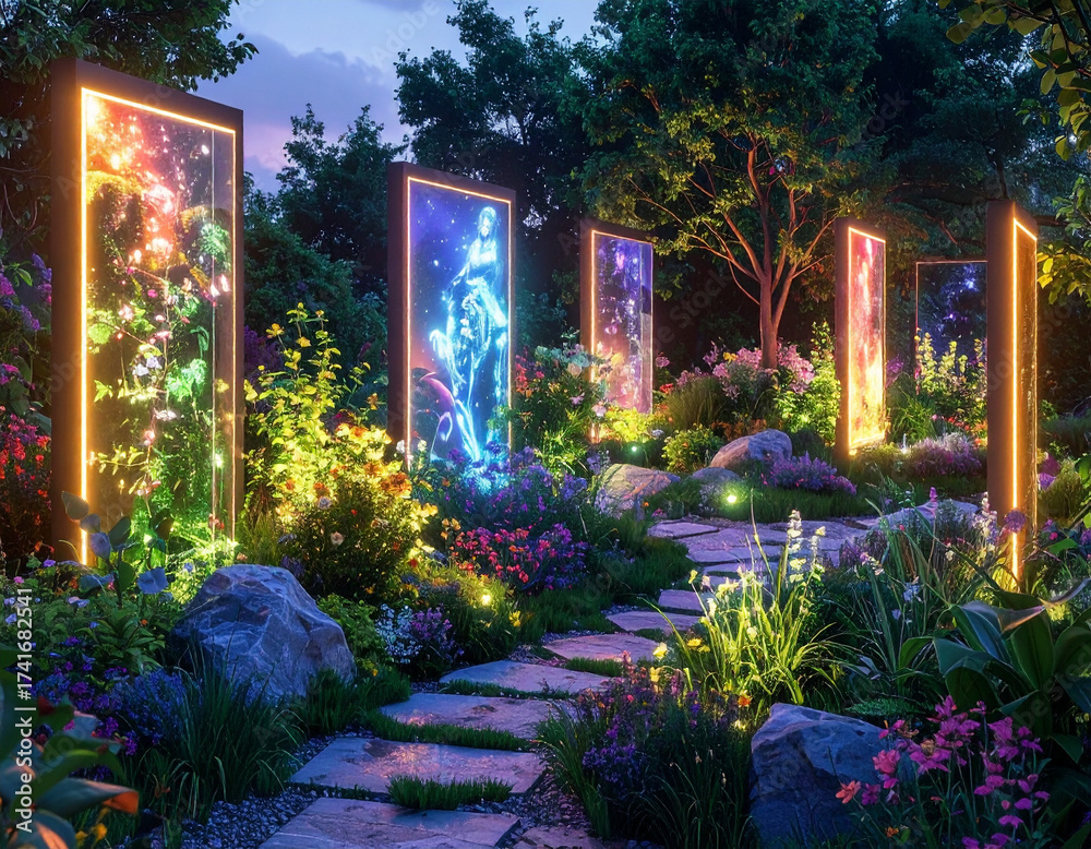 Fototapeta premium Visual detox garden where glowing holograms replace digital screens encouraging connection with nature and self.