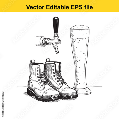Vector art of beer tap, glass of beer, and work boots