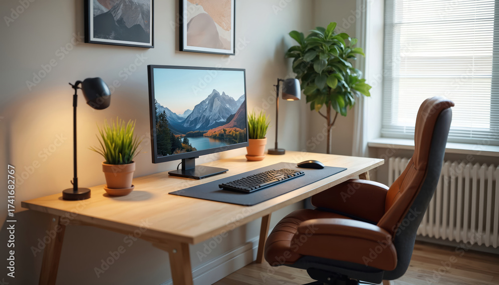 Fototapeta premium Modern home office interior with desk computer monitor plants. Comfortable working place at home with ergonomic chair and minimalist style. Work from home concept.