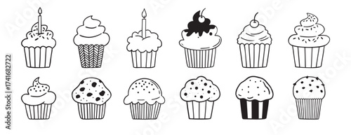 Baked dessert for birthday party muffins or cupcakes doodle hand drawn icon set. Outline drawing line clipart symbol collection