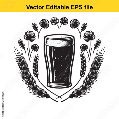 Vector art of glass of beer with hops and barley
