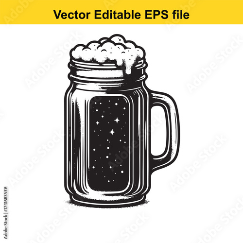 Vector art of black and white illustration of a beer mug with foam
