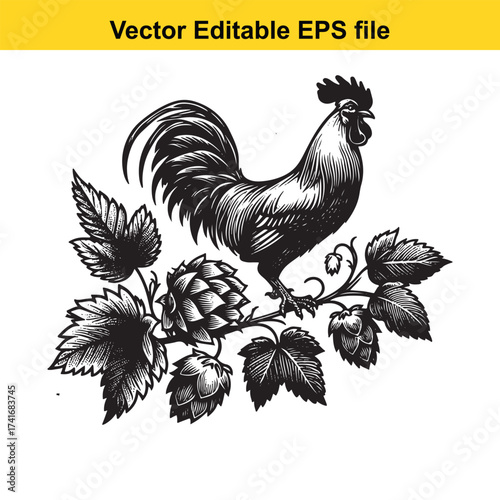 Vector art of rooster standing on a branch with hops and leaves