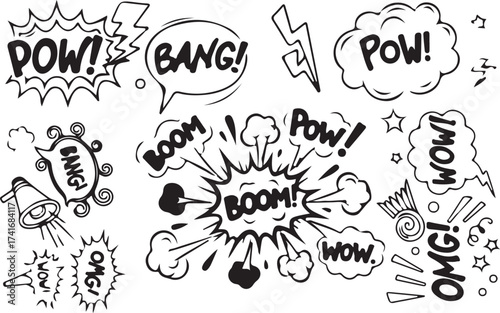 Comic boom cartoon effect line element set. Comic speech bubble pow, boom text, explosive splash smoke, wow cartoon vector icon. Hand drawn sketch doodle explosive element. Vector illustration