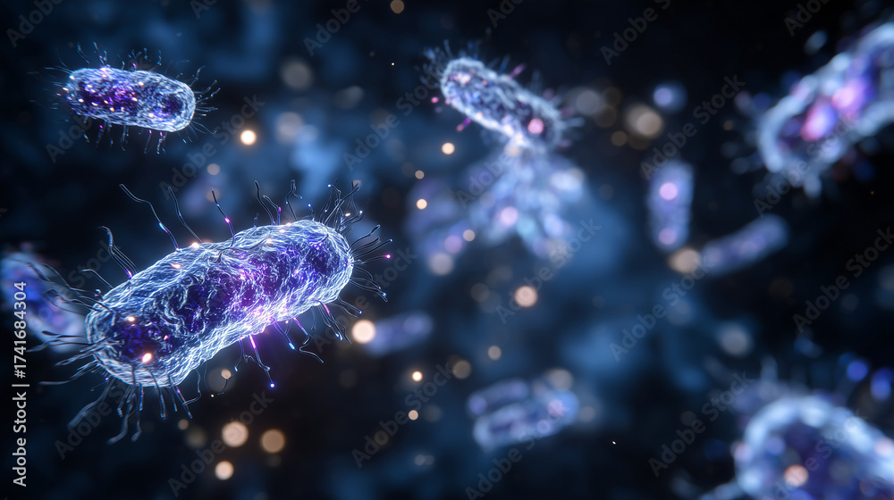 Obraz premium Detailed cellular view of microorganisms, high-magnification imaging, fluorescent bacterial structures, microbiology research concept with scientific data aesthetic