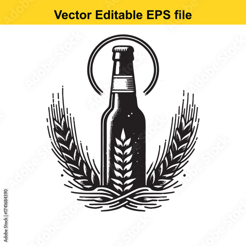 Vector art of beer bottle with wheat ears emblem