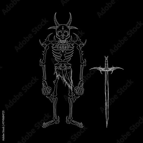 Skeleton demon with horns and tattered cloth drawn in dark gothic line art style, evoking horror and death metal mood, ideal for t-shirt prints, stickers, or posters