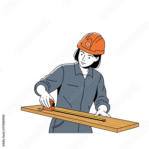 An illustrated female construction worker in a hard hat measuring a wooden plank with a tape measure.