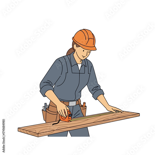 A female carpenter wearing a hard hat and tool belt measures a wooden plank with a tape measure.