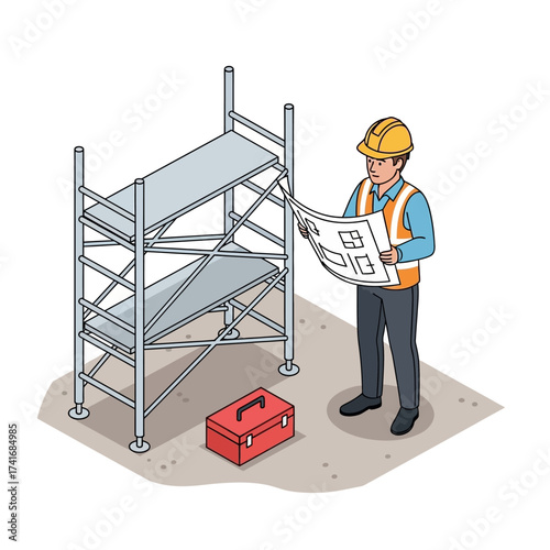 An isometric illustration of a construction worker in a hard hat and safety vest reviewing blueprints next to scaffolding.
