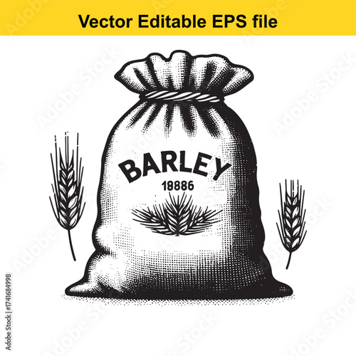 Vector art of vintage bag of barley with wheat ears