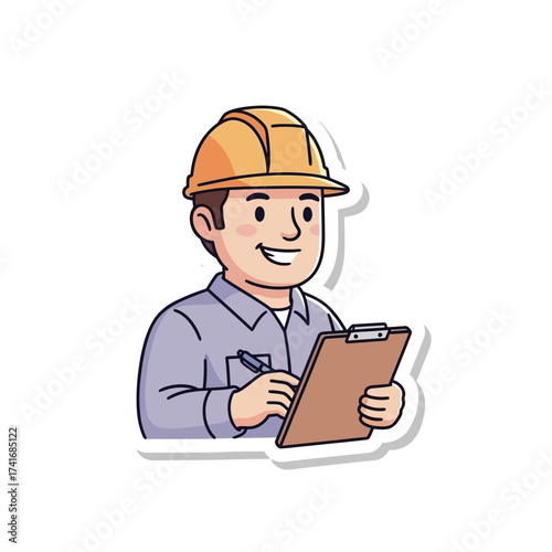 A construction worker wearing a yellow hard hat, holding a clipboard, and smiling while taking notes.