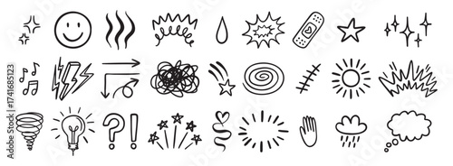 Comic funny effect icon set, anime doodle elements collection. Retro anime movement, exclamation and emphasis expressions. Doodle emotion of character in comic style