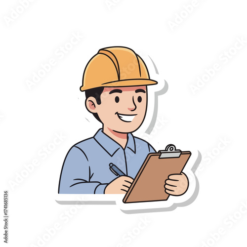 Cartoon construction worker with clipboard and hard hat writing.
