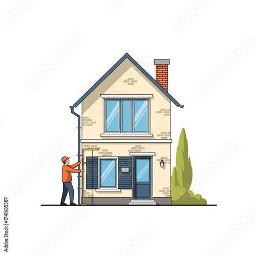 Illustration of a person working on the exterior of a two-story house with blue shutters and a chimney.