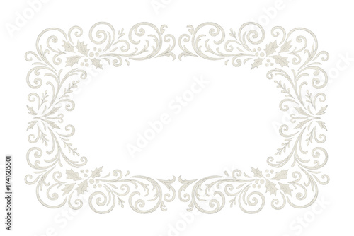 Vintage baroque Christmas frame PNG with transparent background, ornate floral swirls and holly leaves decoration. Illustration by Generative AI.