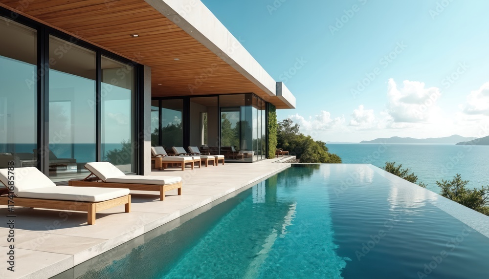 Fototapeta premium Modern home exterior features infinity pool ocean view. Luxury villa has patio with lounge chairs. Contemporary architecture blends with landscape. Relaxing scenery at beach house resort.