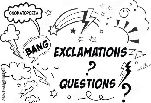 Hand drawn set of comics bombs and explosions. Speech bubbles with words pow, wow, bang and boom. Vector doodle illustration