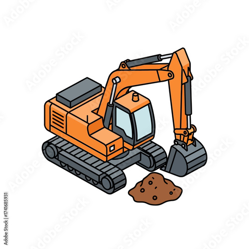 Isometric illustration of an orange excavator digging a pile of dirt.