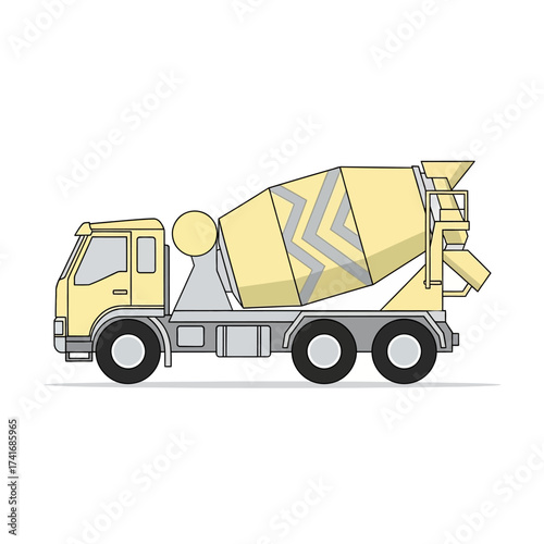 Side view of a yellow cement mixer truck, a vector illustration for the construction industry isolated on a white background.