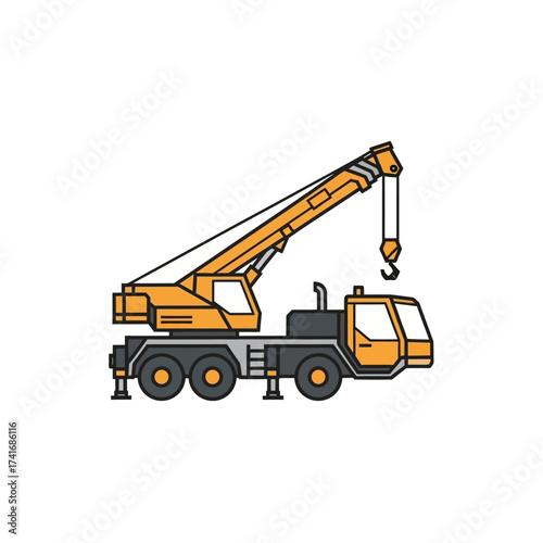 Illustration of a yellow mobile crane, used for lifting heavy objects on construction sites and other industrial applications.