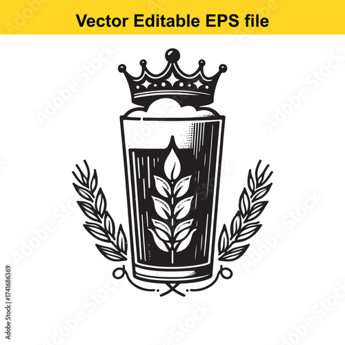 Vector art of glass of beer with crown and wheat ears