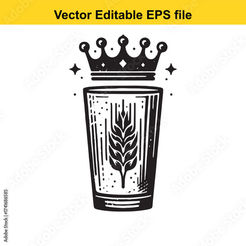 Vector art of glass of beer with wheat and crown