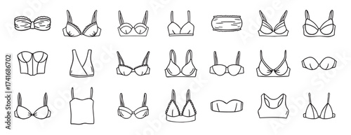Lingerie fashion feminine lacy woman underwear bra icon doodle hand drawn. Outline line drawing clipart symbol