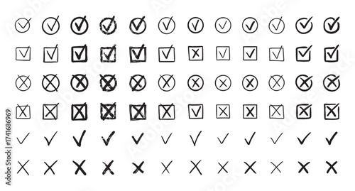 Check marks hand drawn doodle set. tick, cross signs for checkbox, checklist, v and x in sketch set.