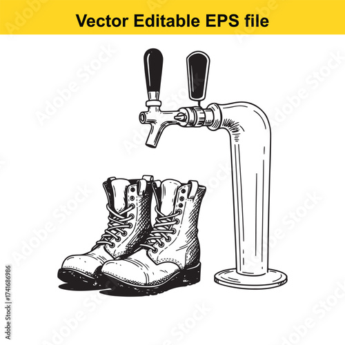 Vector art of black and white drawing of a beer tap and two boots
