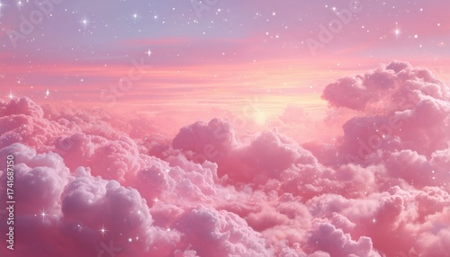 Sugar Cotton Pink Clouds: A Magical Background Of Glamour And Fantasy With Starry Sky, Sun, And Water Feature For Elegant Decor © Andrii