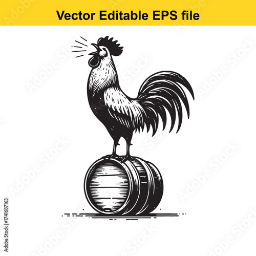 Vector art of black and white illustration of a rooster crowing on a barrel