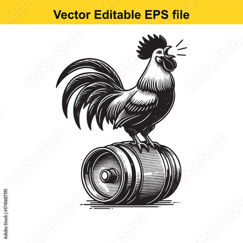 Vector art of black and white illustration of a rooster crowing on a barrel