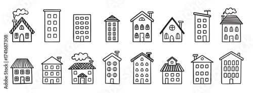 House building with roof doodle hand drawn icon set. Outline drawing house building with roof line clipart symbol collection