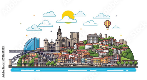 Flat design vector illustration of a historic European riverside city skyline with an iconic arch bridge and waterfront buildings