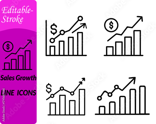 Sales growth icon. character designed with an upward arrow rising from a bar chart or stacked coins. symbolizing financial improvement and success. Can include currency signs shopping cart business. 