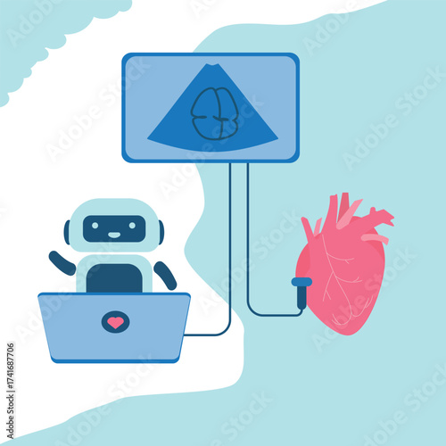 Artificial Intelligence in Cardiology.A friendly robot analyzing a heart connected to a brain scan monitor, symbolizing AI in healthcare, innovation, and smart technology for heart disease prevention.