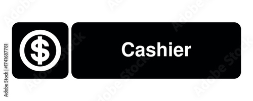 Cashier pictogram with dollar symbol with explanation – minimal signage icon for payment zones, financial services, and civic UI environments – High-Quality Vectorial Stock Image