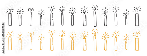 Hanukkah candles doodle hand drawn icon set. Outline Hanukkah candle flame drawing line clipart symbol collection