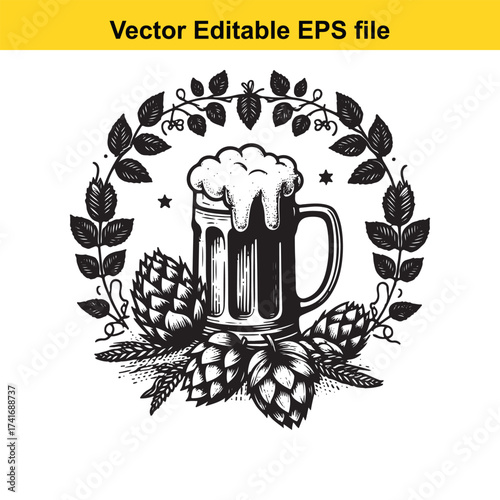 Vector art of beer mug with foam and hops in a wreath
