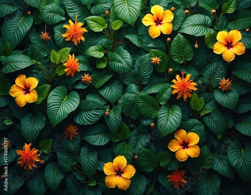 Dense foliage with bright orange, yellow hibiscus flowers. Rich tropical plants create vibrant floral background. Green leaves, blossoms form natural pattern. Exotic nature element perfect for design.