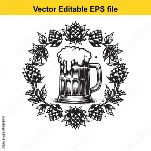 Vector art of beer mug with foam and hops in a circular frame