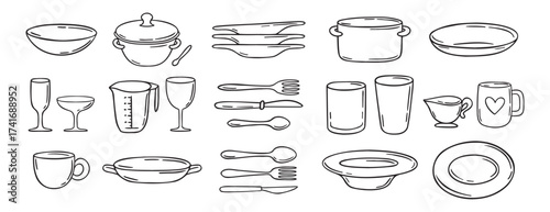 dishes dinnerware doodle hand drawn icon set. Plate, glass and cup, mug, bowl. Outline drawing tableware for kitchen line clipart symbol collection