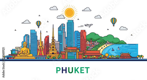 Phuket Cityscape Illustration with Landmarks and Beach View in Vector Format
